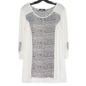 Striped White Black Sheer Tunic Top 3/4 Sleeve Boho Coastal Medium Michael Tyler